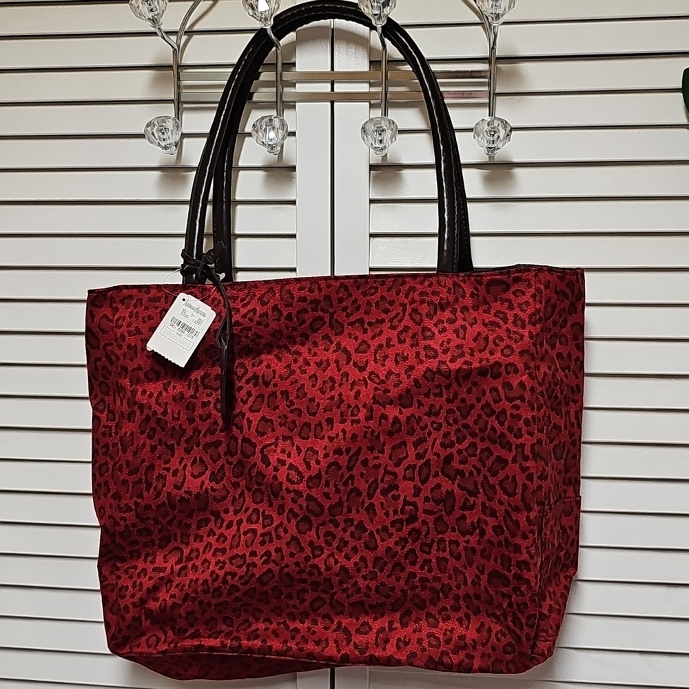 NWT Neiman Marcus Red Faux Suede Leopard Print Tote Bag Faux Leather Straps